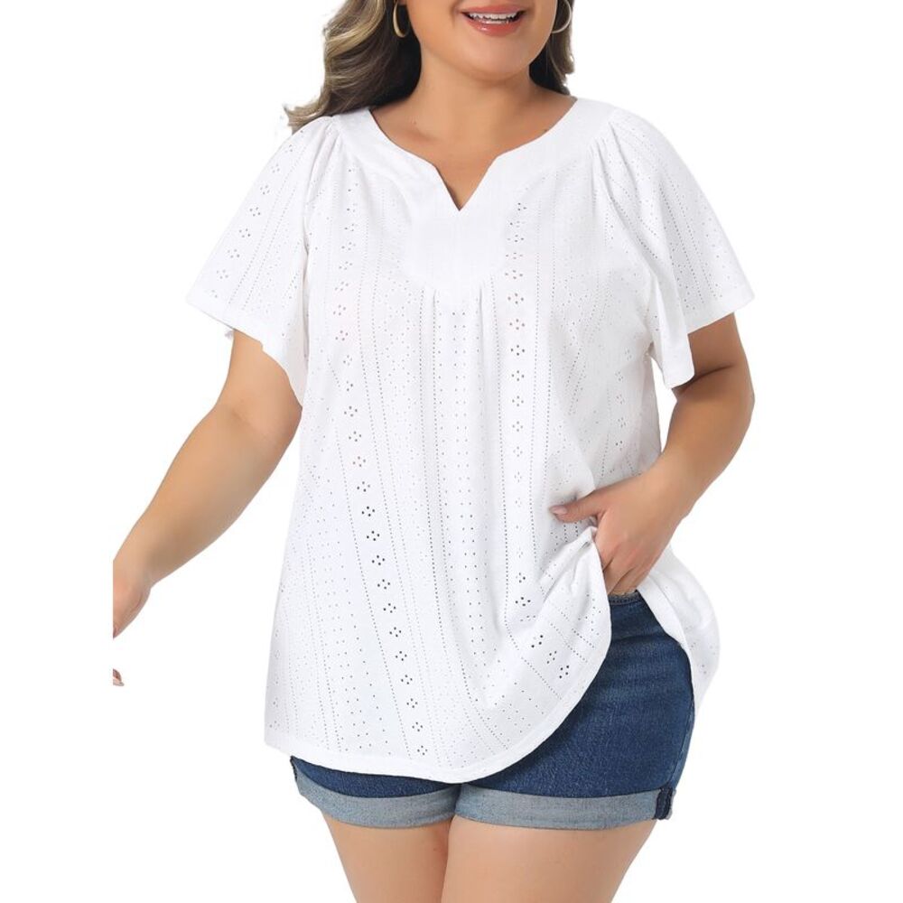Women Plus Size Casual V Neck Hollow Out Short Sleeve Blouse White